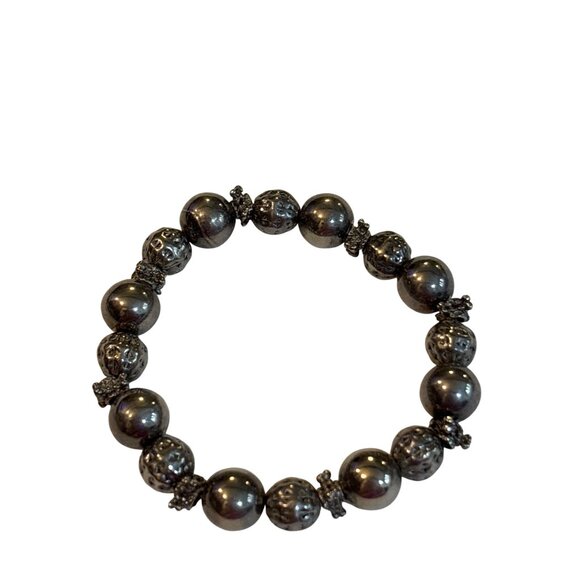 Heavy Silvertone Beaded Stretch Bracelet With Ornate Detailing Vintage - Picture 1 of 3